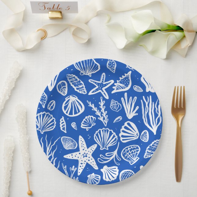 Seashells Beach Wedding Blue White Cute Seaside  Paper Plate (Wedding)