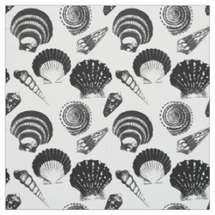 Seashells - black and white on a white background fabric