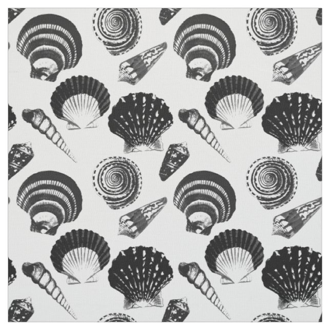 Seashells - black and white on a white background fabric (Swatch)