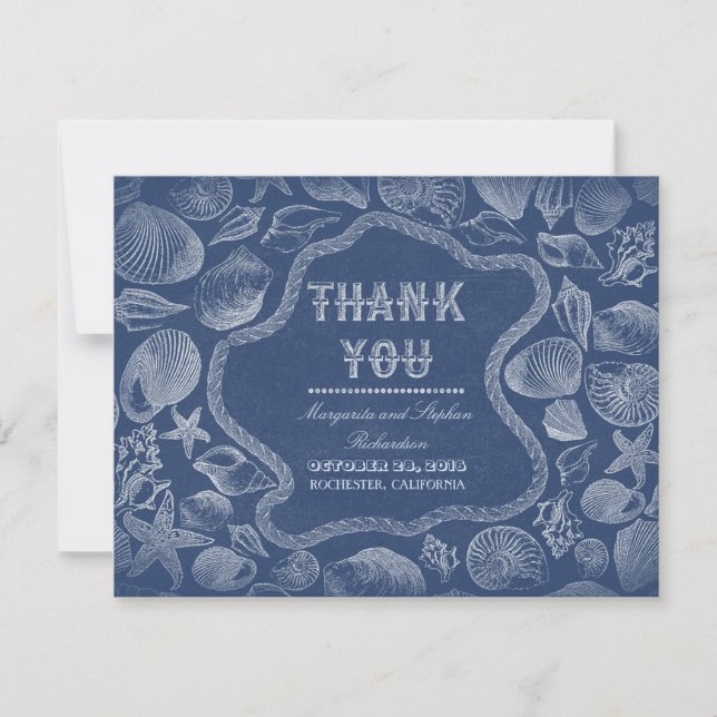seashells blue beach wedding thank you cards (Front)