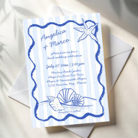 Seashells blue handrawn wavy border beach wedding