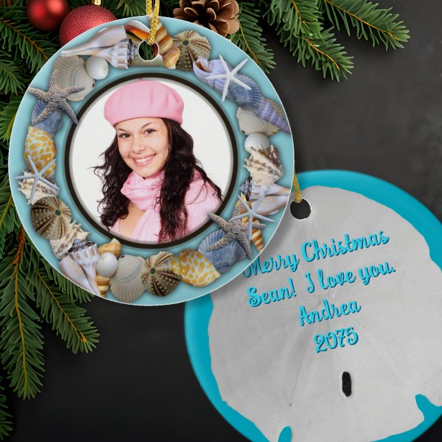 Seashells, Blue Photo Frame Christmas Ornament (Creator Uploaded)