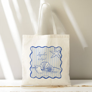 Seashells blue wavy border beach bridesmaids gifts tote bag