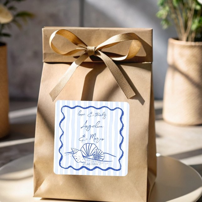 Seashells blue wavy border beach wedding favours square sticker (Seashells handrawn sketch blue wavy border beach wedding personalized favor stickers)
