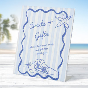 Seashells blue wavy border beach wedding gifts pedestal sign