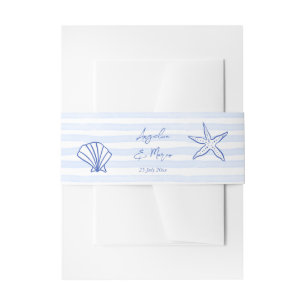 Seashells blue wavy border beach wedding invitation belly band