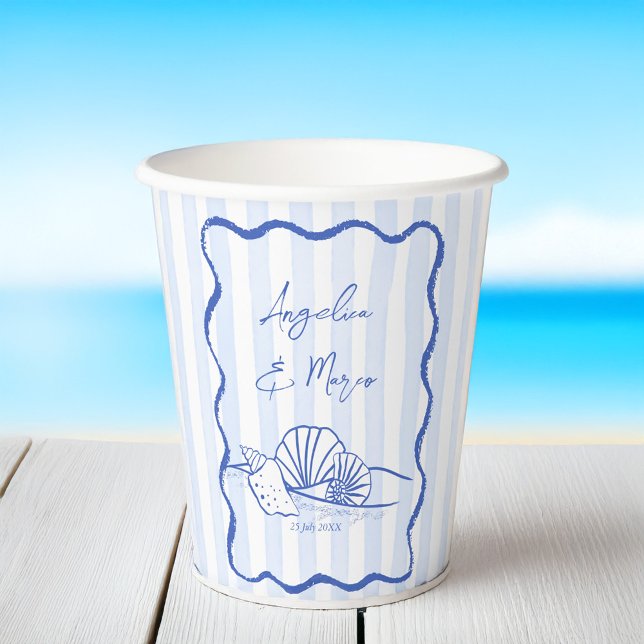 Seashells blue wavy border beach wedding monogram paper cups (Seashells blue wavy border beach wedding monogrammed paper cups personalized beach table decor)