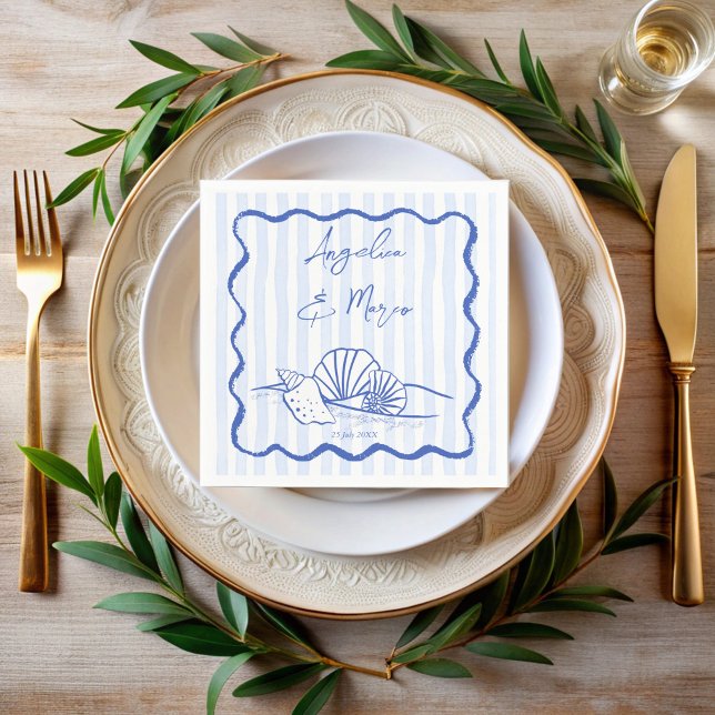 Seashells blue wavy border beach wedding  napkin (Sketch handrawn Seashells blue wavy border beach wedding monogrammed napkins template)