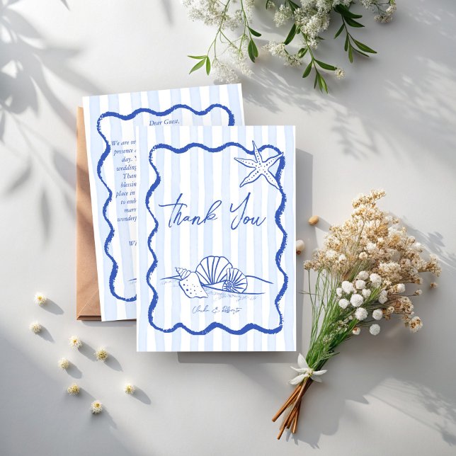 Seashells blue wavy border beach wedding thank you card (Seashells handrawn sketch blue wavy border beach wedding thank you cards)