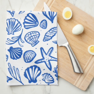 Seashells Blue & White Pattern Beach Shells Chic Tea Towel