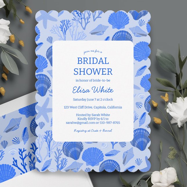 Seashells Bridal Shower Elegant Blue Beach CUSTOM Invitation (Seashells Bridal Shower Elegant Blue Beach CUSTOM Wedding party Seaside Invitation)