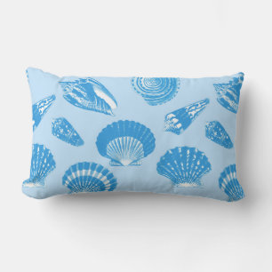 Seashells - Cerulean blue and white Lumbar Cushion