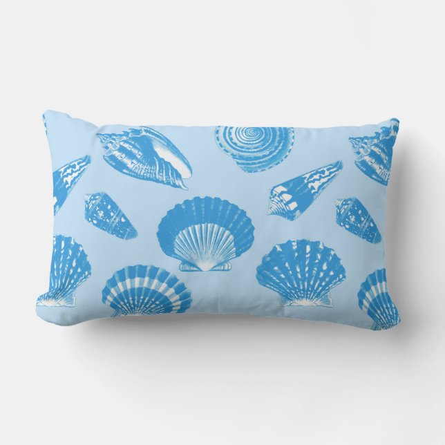 Seashells - Cerulean blue and white Lumbar Cushion (Front)