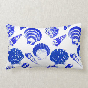 Seashells - cobalt blue on a white background lumbar cushion