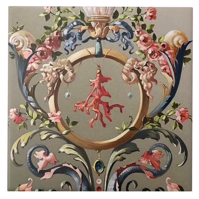 SEASHELLS,CORALS,DOLPHINS,ANTIQUE FLORAL SWIRLS  TILE (Front)