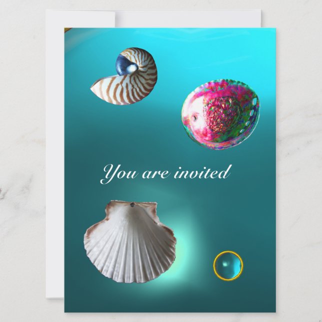 SEASHELLS DAMASK GEM BEACH WEDDING blue aquamarine Invitation (Front)