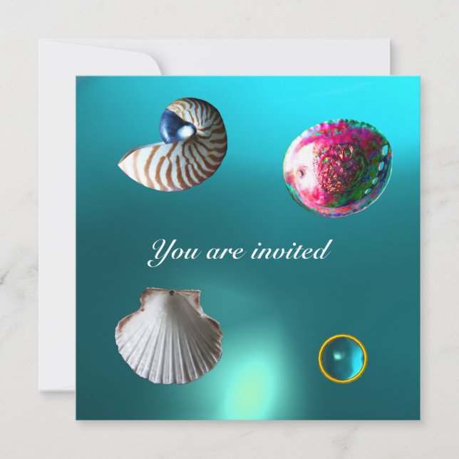 SEASHELLS DAMASK GEM BEACH WEDDING blue aquamarine Invitation (Front)