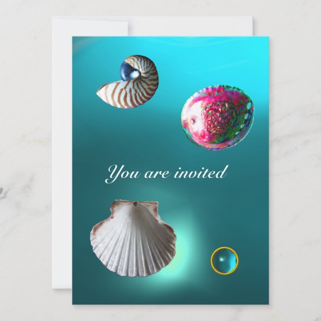 SEASHELLS DAMASK GEM BEACH WEDDING blue aquamarine Invitation (Front)