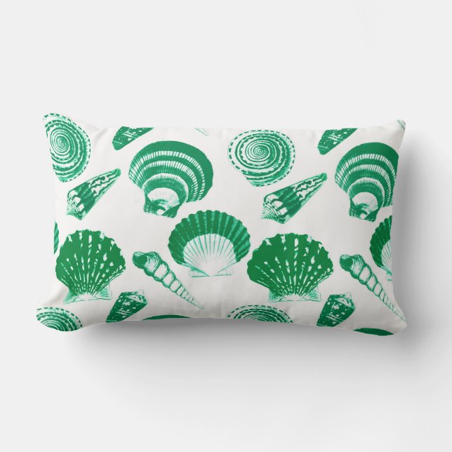 Seashells - emerald green on a white background lumbar cushion (Front)