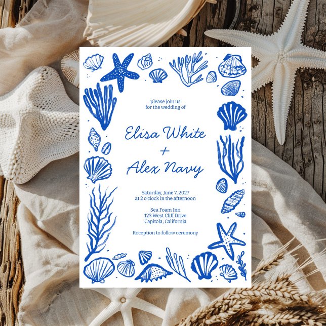 Seashells Frame Beach Wedding Blue CUSTOM  Invitation (Seashells Frame Beach Wedding Blue CUSTOM Invitation
)