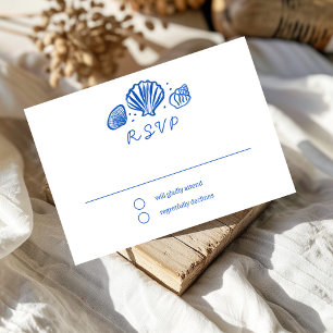 Seashells Frame Beach Wedding Blue CUSTOM  RSVP Card