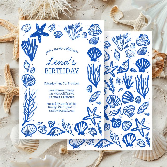 Seashells Frame Birthday Party Blue Beach CUSTOM Invitation (Seashells Frame Birthday Party Blue Beach CUSTOM Invitation
)