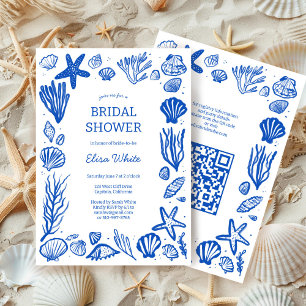 Seashells Frame Bridal Shower Blue Beach CUSTOM QR Invitation