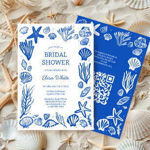 Seashells Frame Bridal Shower Blue Beach CUSTOM QR Invitation
