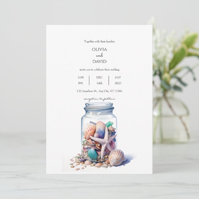 Seashells Glass Jar Centerpiece Beach Wedding  Invitation (Standing Front)