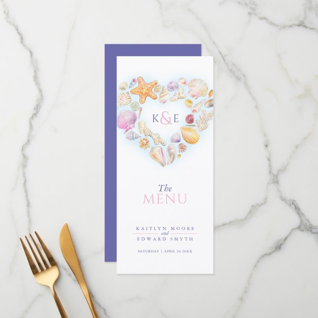 Seashells heart wreath monogram watercolor wedding menu (Front/Back In Situ)