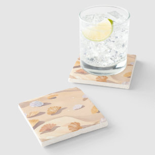 Seashells in the Sand   Beach Ocean Watercolor Stone Coaster