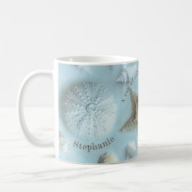 Seashells Light Blue Beach Quote Coffee Mug (Left)