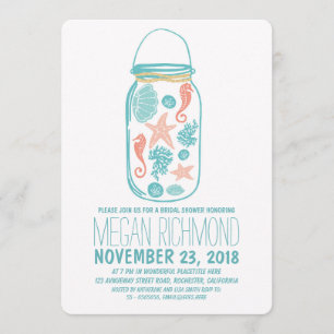 Seashells mason jar beach bridal shower invite