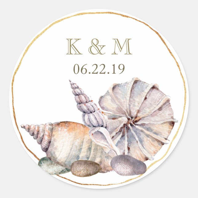 Seashells Message in a Bottle | Wedding Monogram Classic Round Sticker (Front)