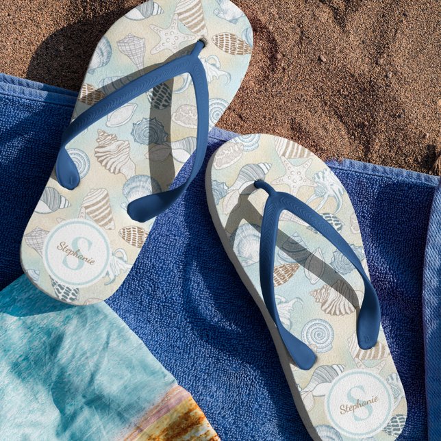 Seashells Monogram Name Coastal Pattern Jandals (Creator Uploaded)