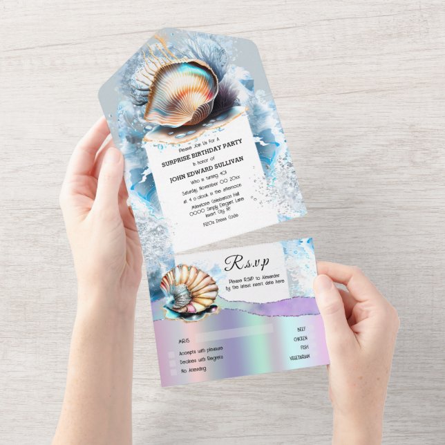Seashells mother of pearl ocean waves iridescent all in one invitation (Tearaway)