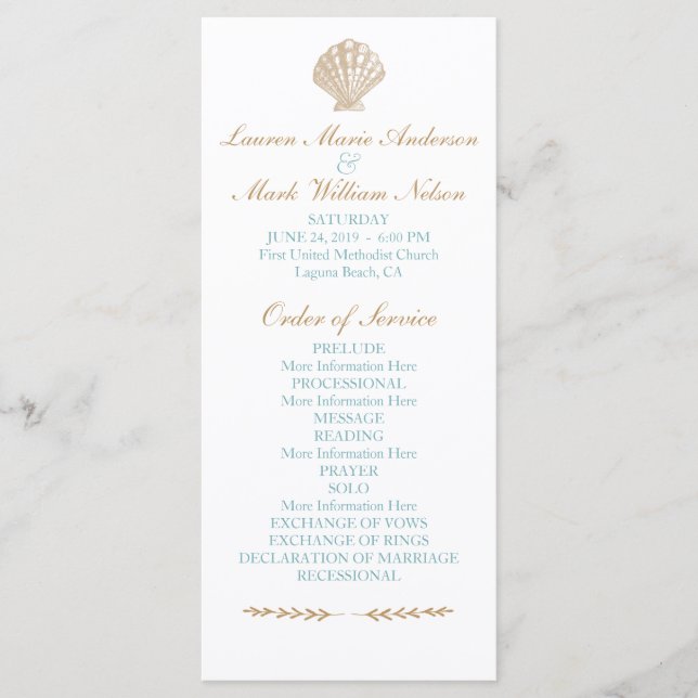 Seashells Nautical Beach Wedding Tan/Aqua Program Programme (Front)