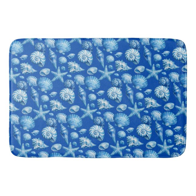 Seashells. Nautical. Blue. Bath Mat (Front)