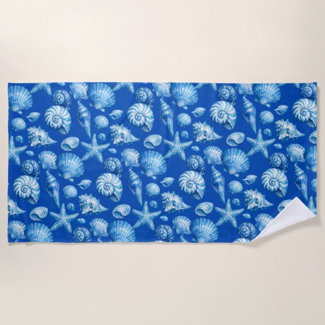 Seashells. Nautical. Blue Beach Towel (Front)