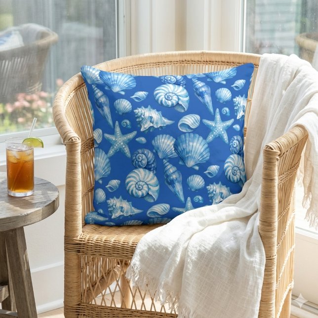 Seashells. Nautical. Blue Cobalt. Throw Pillow (Creator Uploaded)