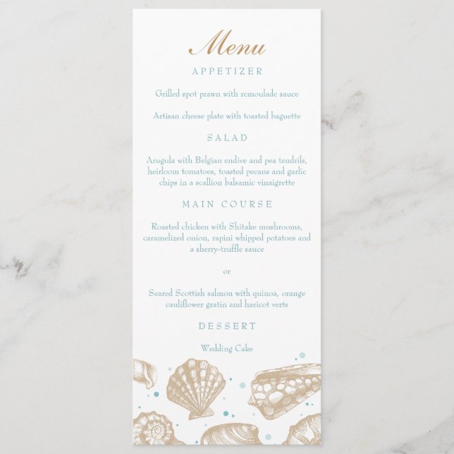 Seashells Nautical Tan/Aqua Beach Wedding Menu (Front)