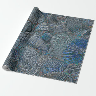 Seashells Ocean Beach Blue Metallic Decoupage Wrapping Paper
