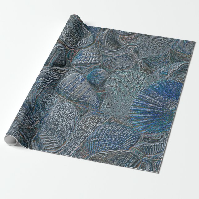 Seashells Ocean Beach Blue Metallic Decoupage Wrapping Paper (Unrolled)