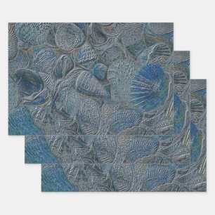 Seashells Ocean Beach Blue Metallic Decoupage Wrapping Paper Sheet