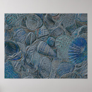 Seashells Ocean Beach Blue Metallic Nautical Theme Poster