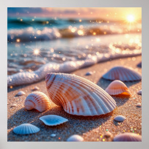 Seashells On Sand With Glittering Ocean Waves Poster