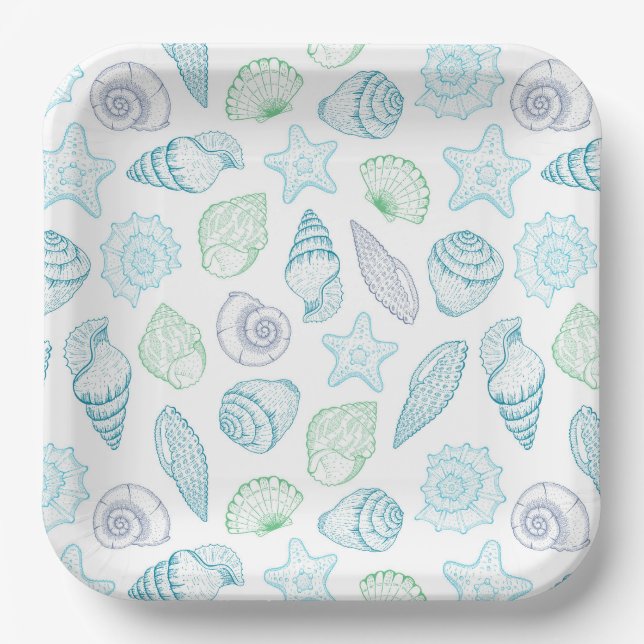 Seashells Paper Plates, Beach Coastal Birthday Plate (Front)