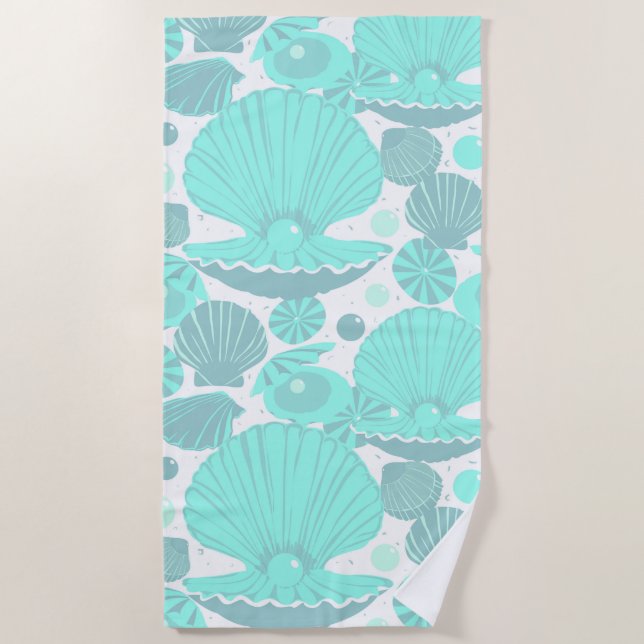 Seashells Pattern, Aqua Blue and Teal Seaside Beach Towel (Front)