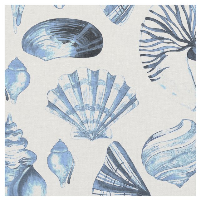 Seashells Pattern in Blue Fabric (Close Up)