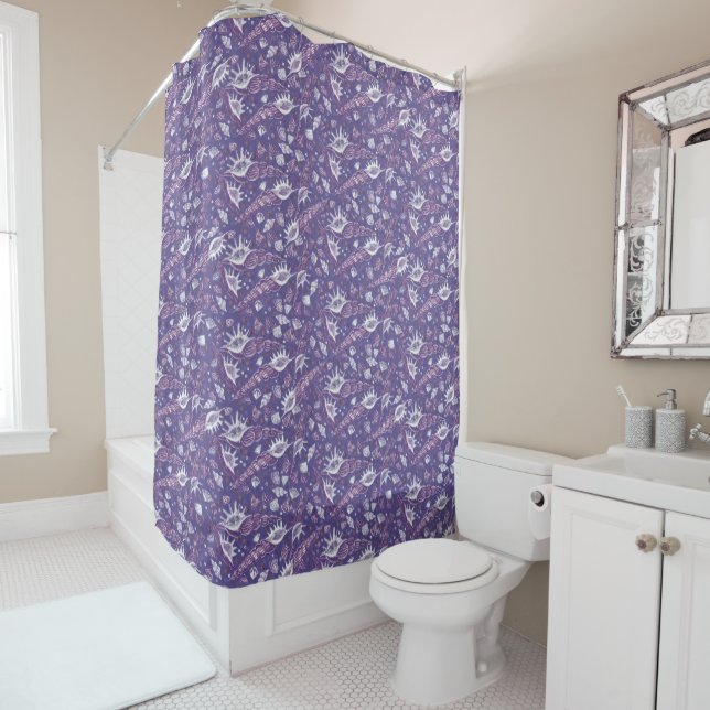 Seashells Sea Shell Nautical Pattern Violet Purple Shower Curtain (In Situ)